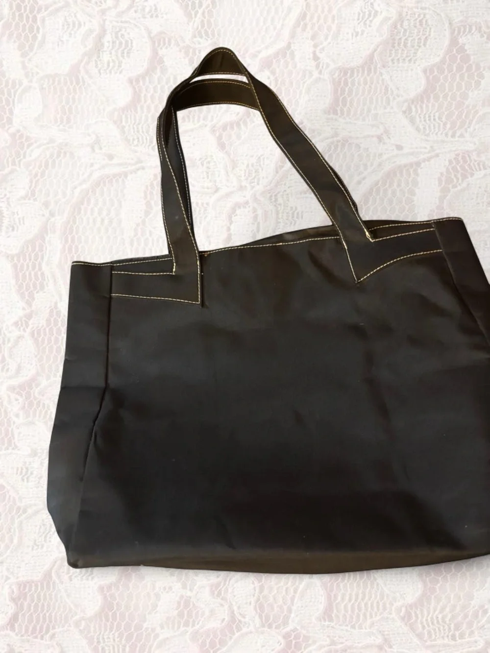 True Religion Black Tote with Yellow Contrast Stitching and Gold Logo
